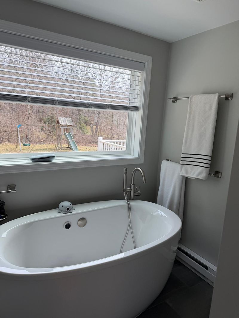 A freestanding tub beside a window after a deep clean