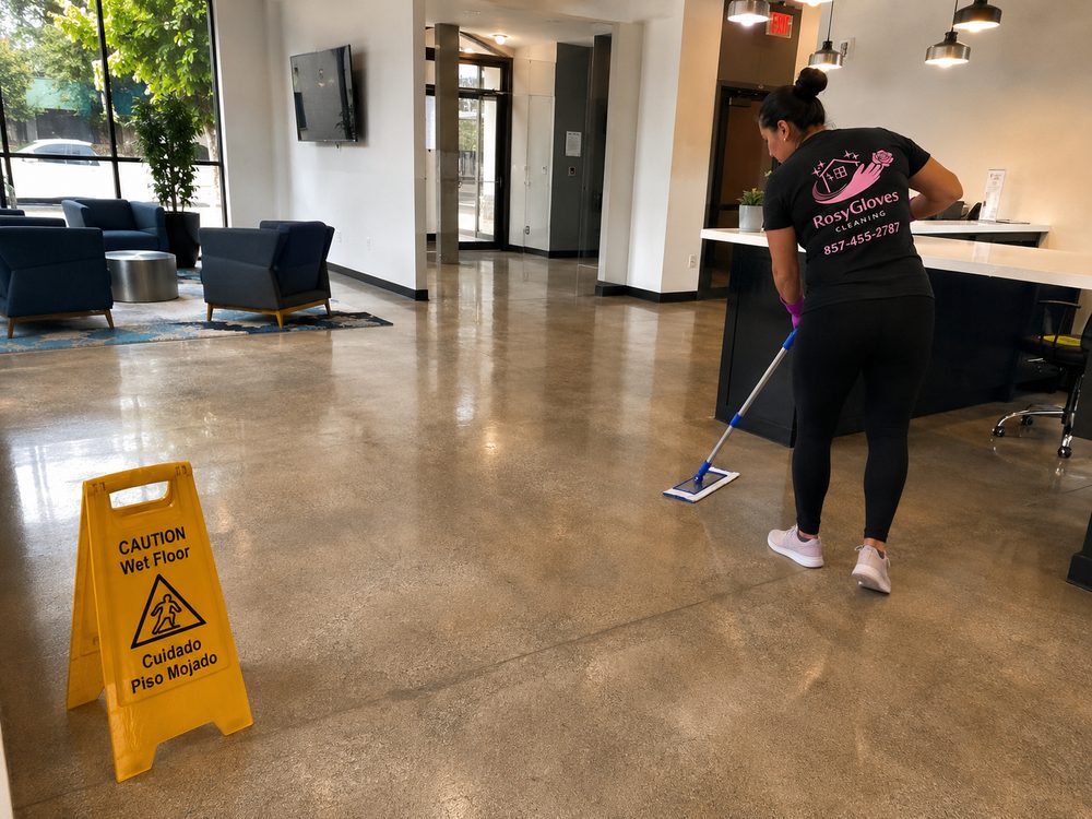 RosyGloves cleaning the floor of a commercial lobby